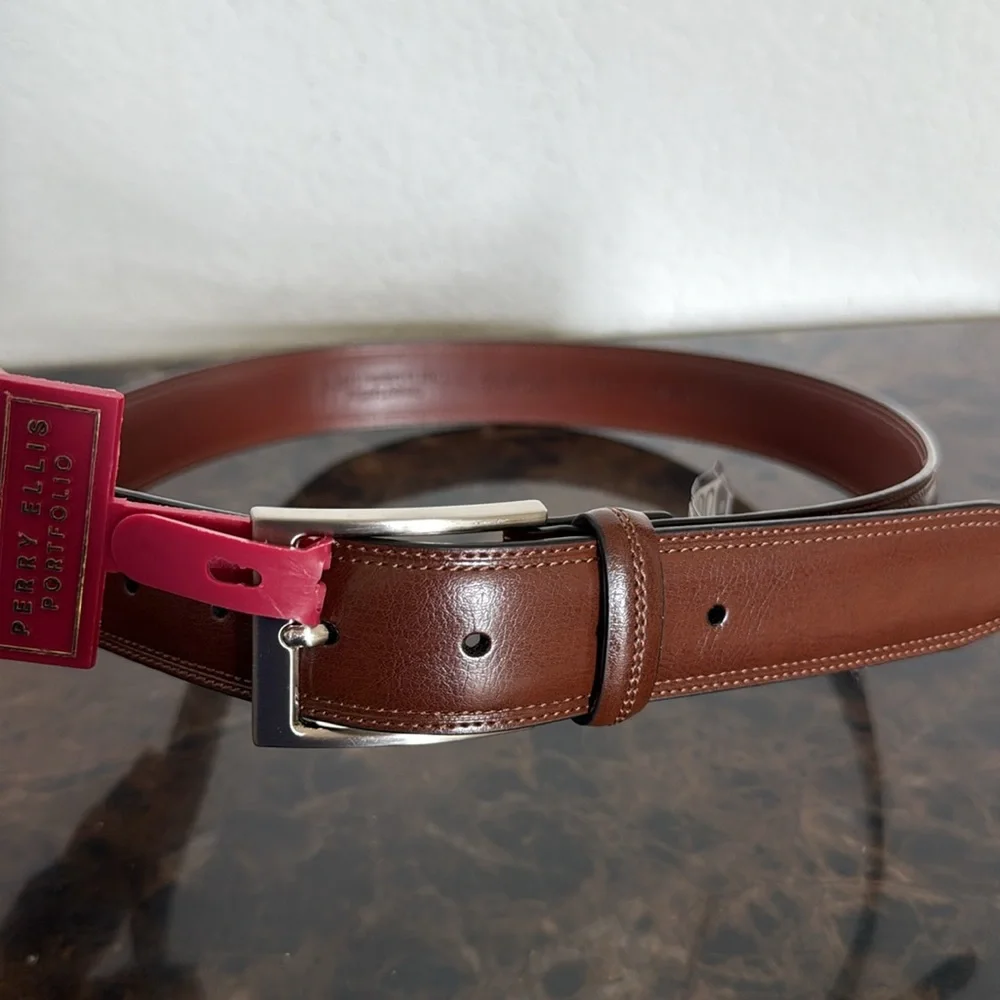 New! Perry Ellis Portfolio Men's Brown Leather Dress Belt, Size Small (30-32)